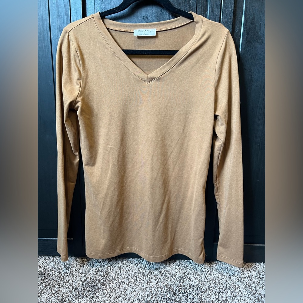 Women's Tan V-Neck Long Sleeve Top